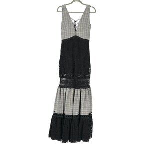Martha Medeiros Plaid Lace Lace Up Neckline Maxi Dress